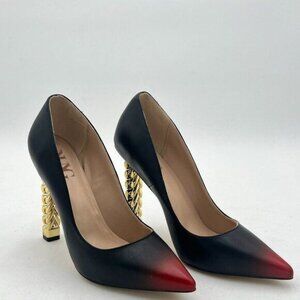 Women Gold Metal Chain Chunky High Heel Pointed Toe Slip On Fashion Party Prom